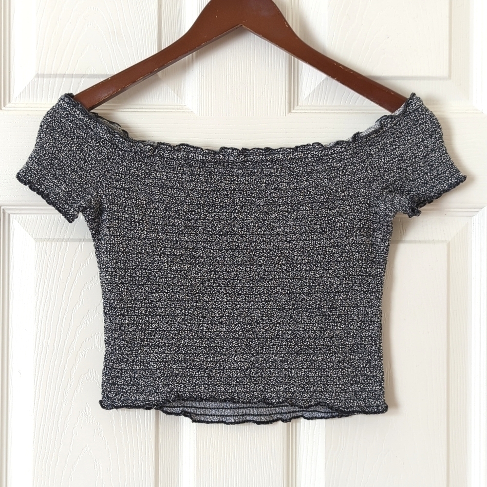 Abercrombie & Fitch Static Printed Smocked Off The Shoulder Crop Top Navy Medium - Picture 7 of 8